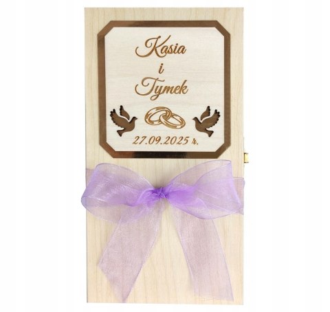 Drewniane pudełko na pieniądze z grawerem i wstążką Prezent Pamiątka Ślubna