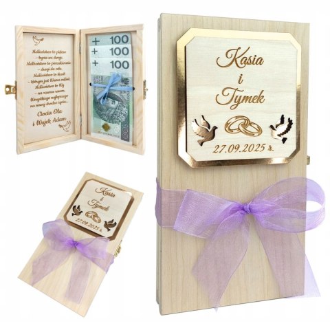 Drewniane pudełko ślubne na pieniądze z grawerem i wstążką Prezent Pamiątka