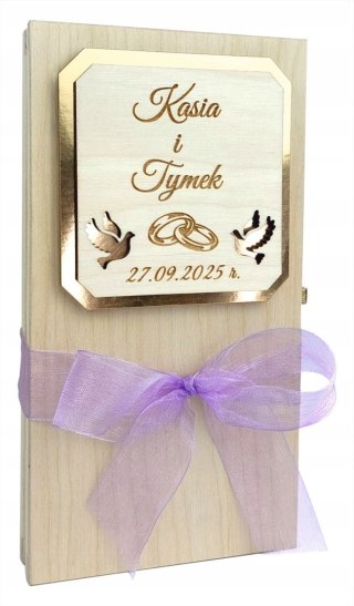 Drewniane pudełko ślubne na pieniądze z grawerem i wstążką Prezent Pamiątka