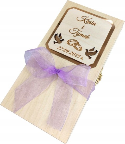 Drewniane pudełko ślubne na pieniądze z grawerem i wstążką Prezent Pamiątka