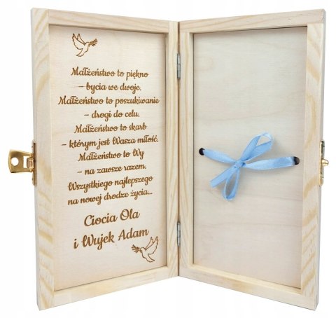 Drewniane pudełko ślubne na pieniądze z grawerem i wstążką Prezent Pamiątka