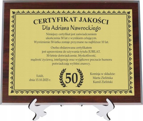 Dyplom Prezent na URODZINY Ramka Certyfikat 20 30 40 50 60 70 + STOJAK