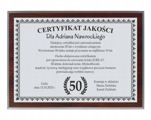 Dyplom Prezent na URODZINY Ramka Certyfikat 20 30 40 50 60 70 + STOJAK