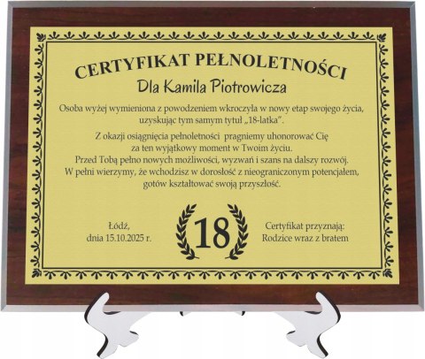 Dyplom Prezent na URODZINY Ramka Certyfikat Osiemnastka 18 + STOJAK