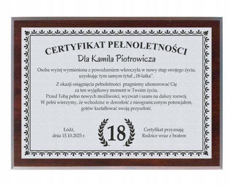 Dyplom Prezent na URODZINY Ramka Certyfikat Osiemnastka 18 + STOJAK