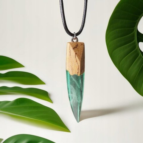 Naszyjnik z Drewna i Żywicy Zielony Kieł z proszkiem świecącym Prezent