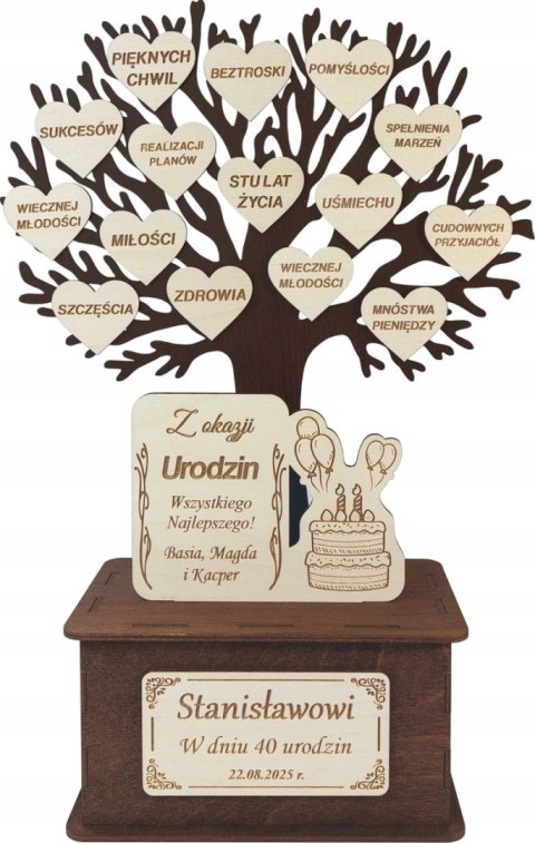 Prezent na Urodziny - Drzewko z Serduszkami Statuetka PERSONALIZOWANA 1-99