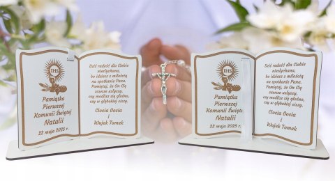 Pamiątka Pierwszej Komunii Świętej Drewniana biała Książka PREZENT