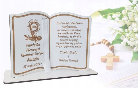 Pamiątka Pierwszej Komunii Świętej Drewniana biała Książka PREZENT