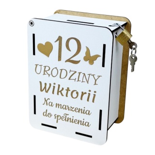 Personalizowana Skarbonka dla Dziewczynki Biała ze Złotym Motylem i Sercem