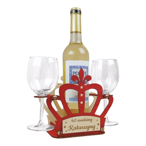 Drewniany stojak na wino i kieliszki w kształcie korony – personalizowany prezent na urodziny dla kobiety