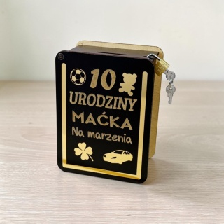 Skarbonka Czarna Premium dla Chłopca Złota Ramka i Grafiki