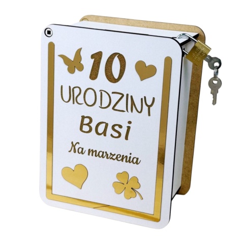 Skarbonka biało złota dla dziewczynki złota ramka