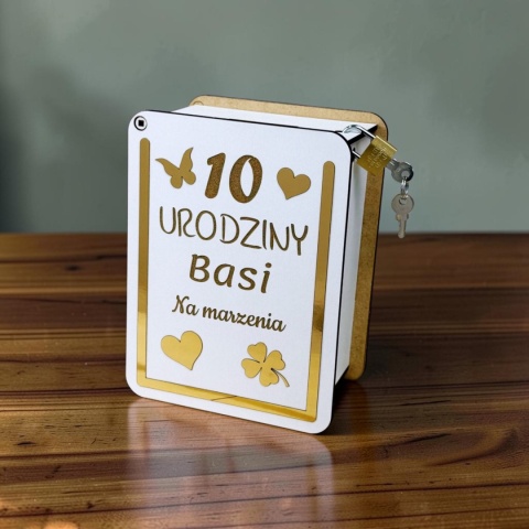 Skarbonka na urodziny ze złotymi lustrzanymi ozdobami grawer