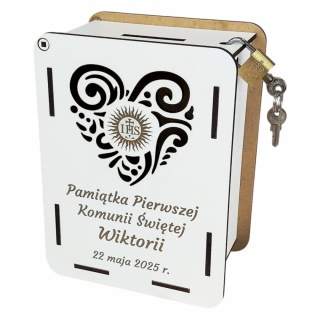 Skarbonka komunijna z ażurowym sercem - personalizowana pamiątka z grawerem