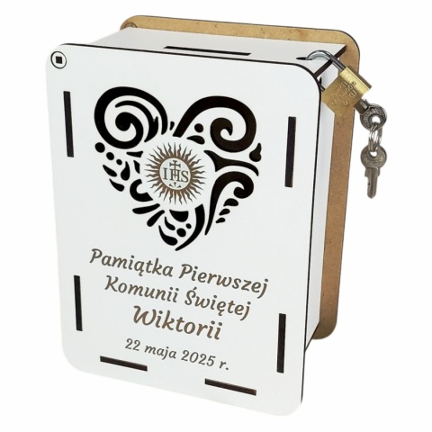 Skarbonka komunijna z grawerem i kłódką