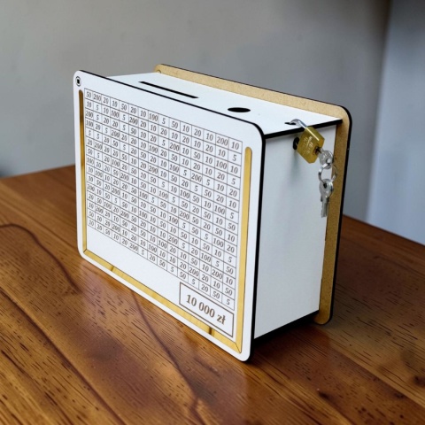 Elegancka skarbonka z wykreślaną tabelą kwot